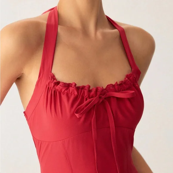 Rihoas Red Ruched Halter Midi Dress - Picture 3 of 8